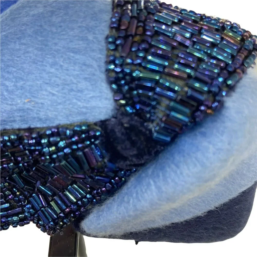 Pillbox Hat Vintage 50s B Forman Sons Womens Blue Fitted Beaded Chic Size 6-5/8 - Picture 7 of 16